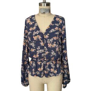 SIENNA SKY Blue hyper floral Smocked Waist Buttoned blouse tunic Shirt *SMALL*